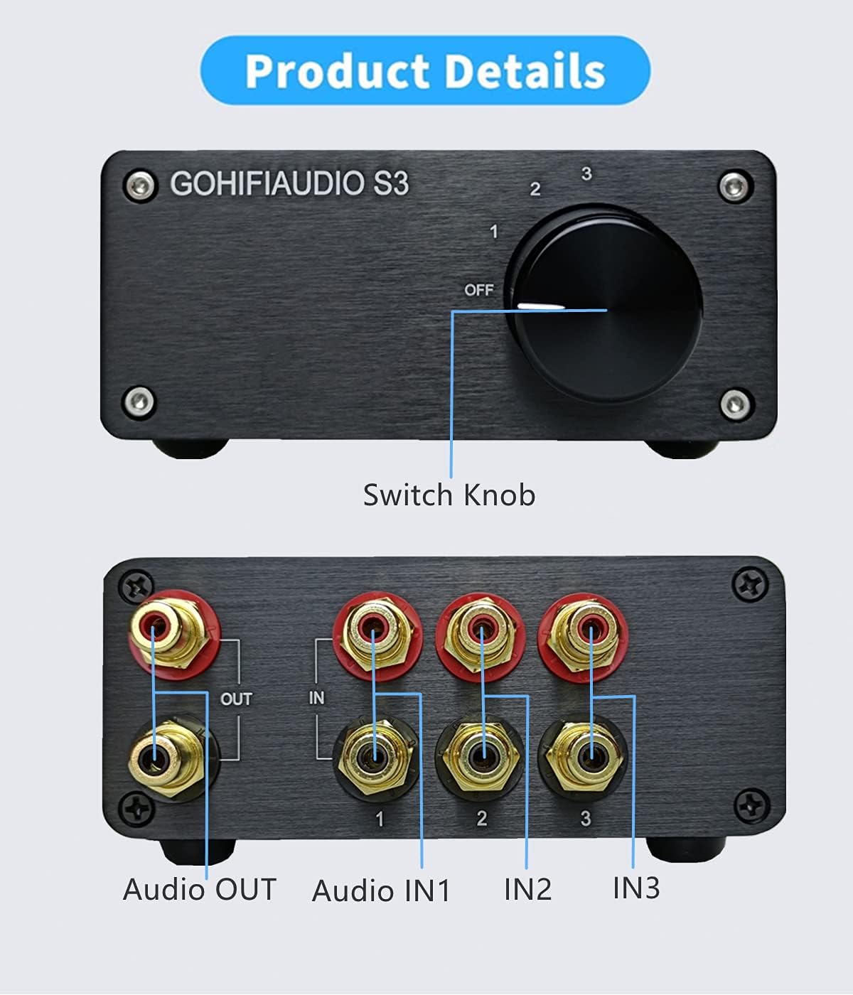 3 in 1 RCA Switch Box, Passive Stereo Audio Switcher Splitter (Black) F522683