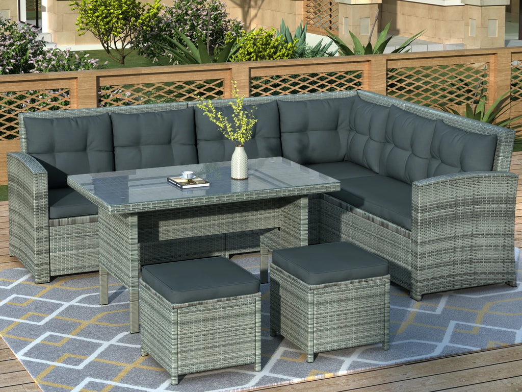 Gray 6 Piece PE Rattan Patio Sofa Set with Table Ottomans Cushions D340038