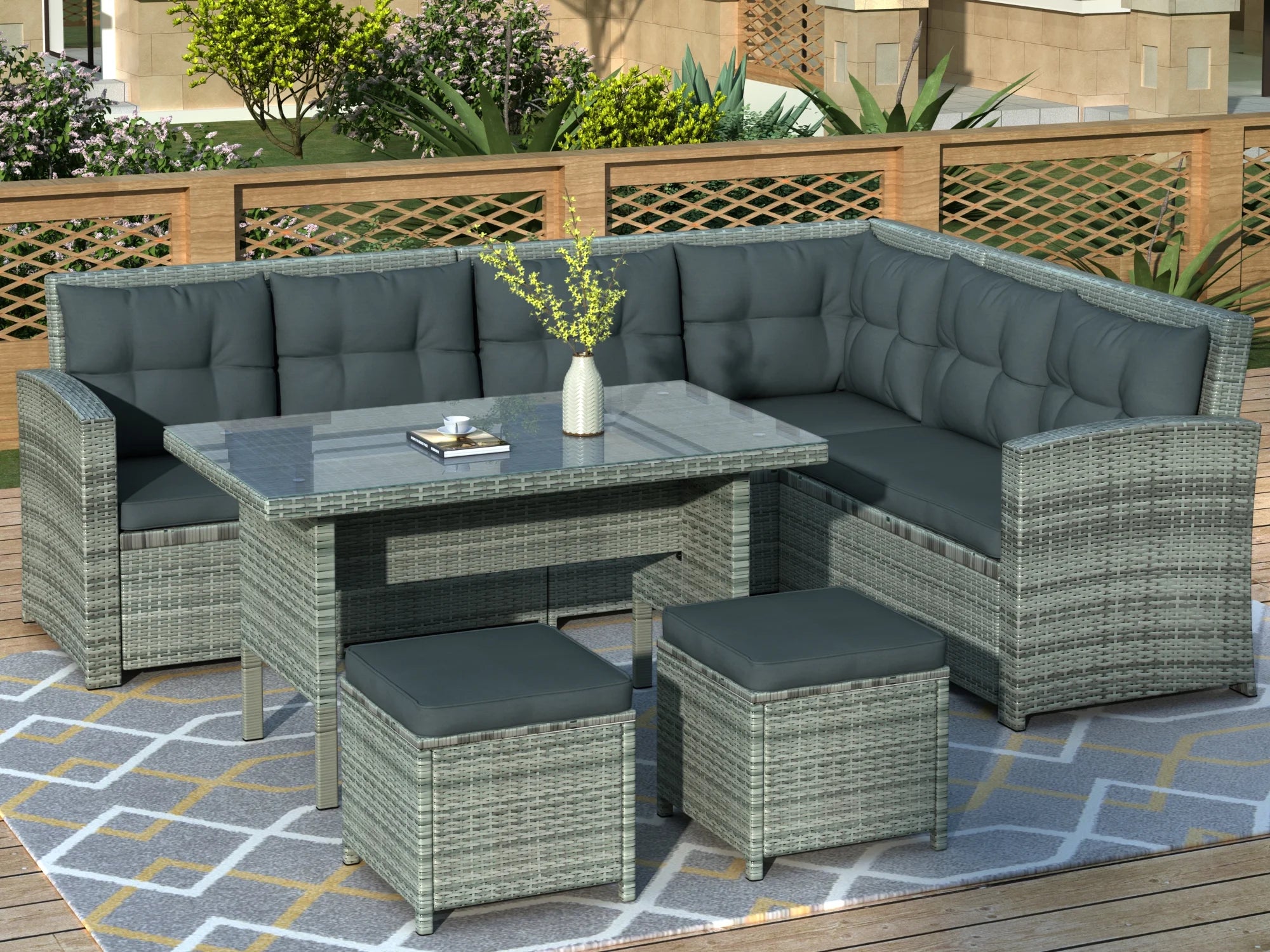 Gray 6 Piece PE Rattan Patio Sofa Set with Table Ottomans Cushions D340038