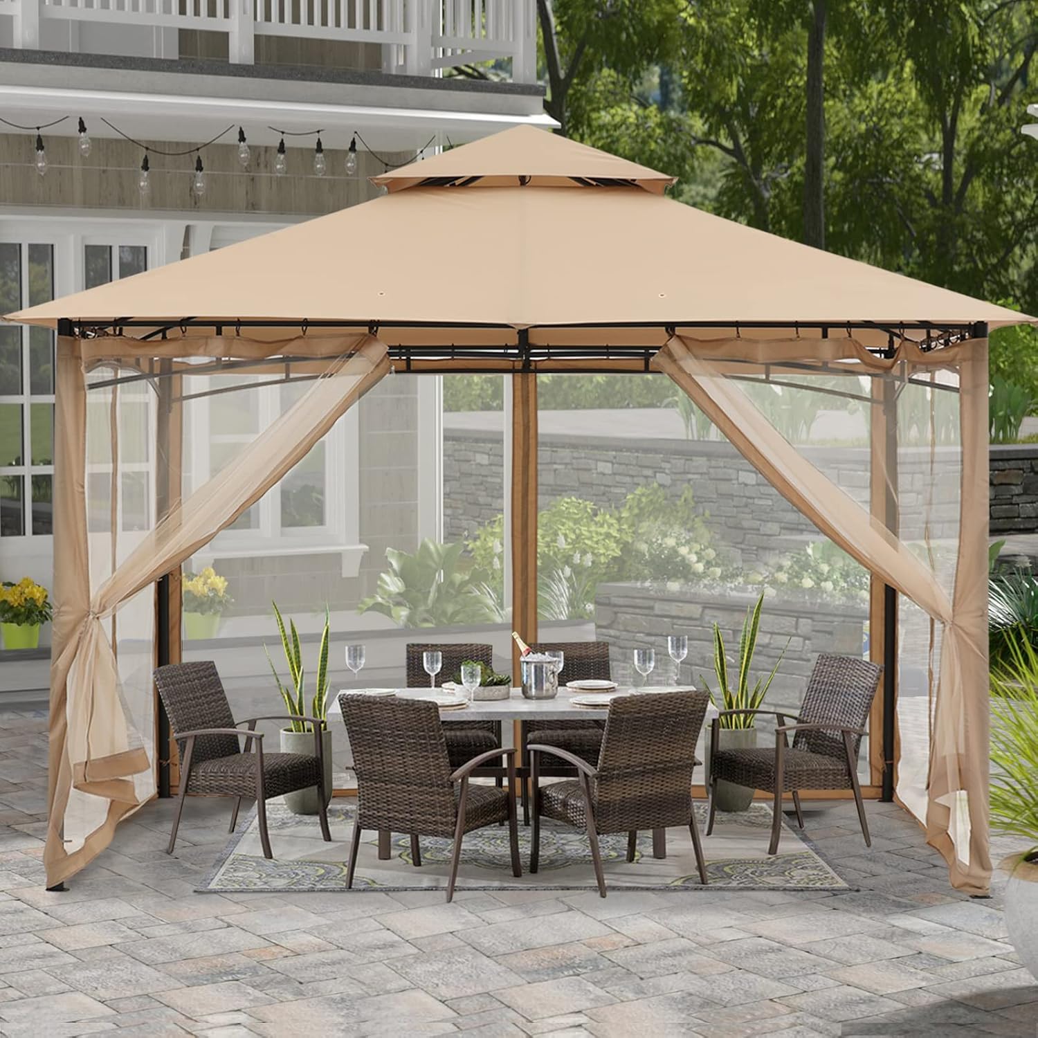 10x10 Gazebo with Netting, Khaki H110