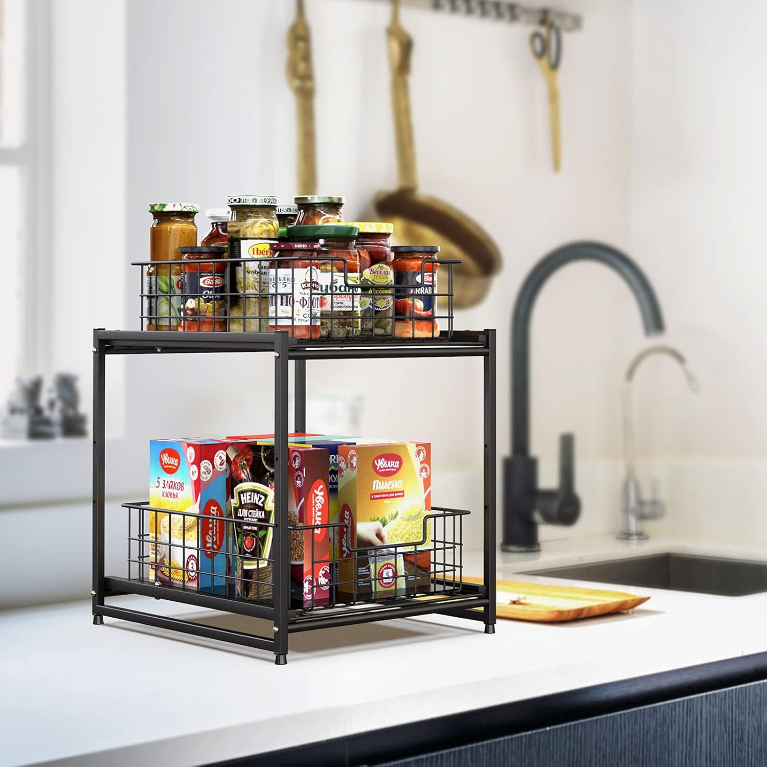 Black Stackable 2-Tier Kitchen Cabinet Organizer with Sliding Storage Basket Drawers F878456