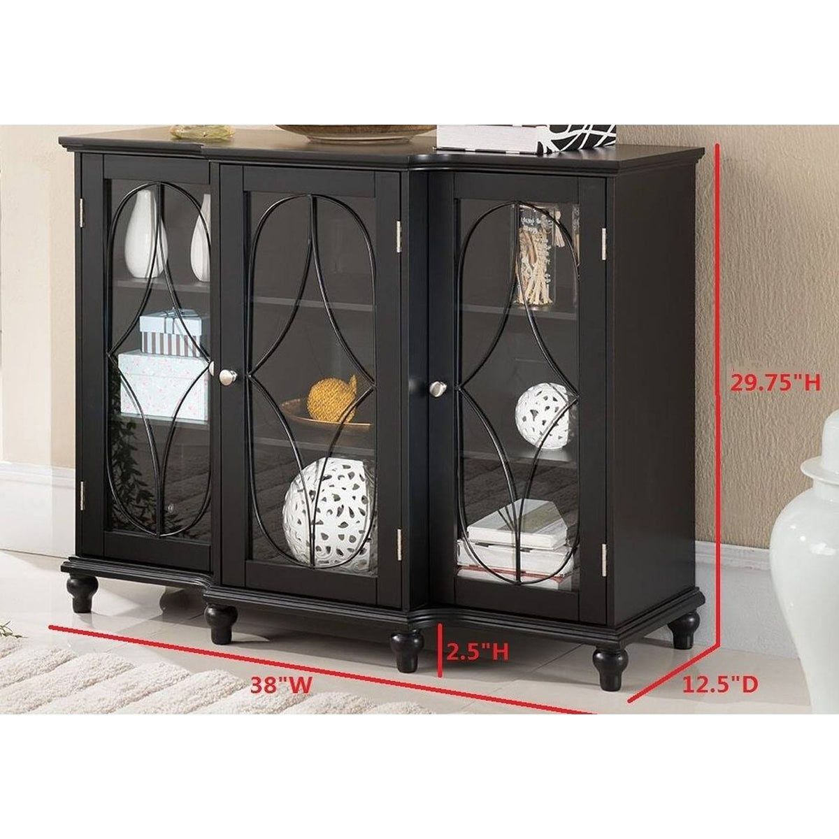 Black Wood Sideboard Buffet Console Table with Glass Cabinet Doors G293