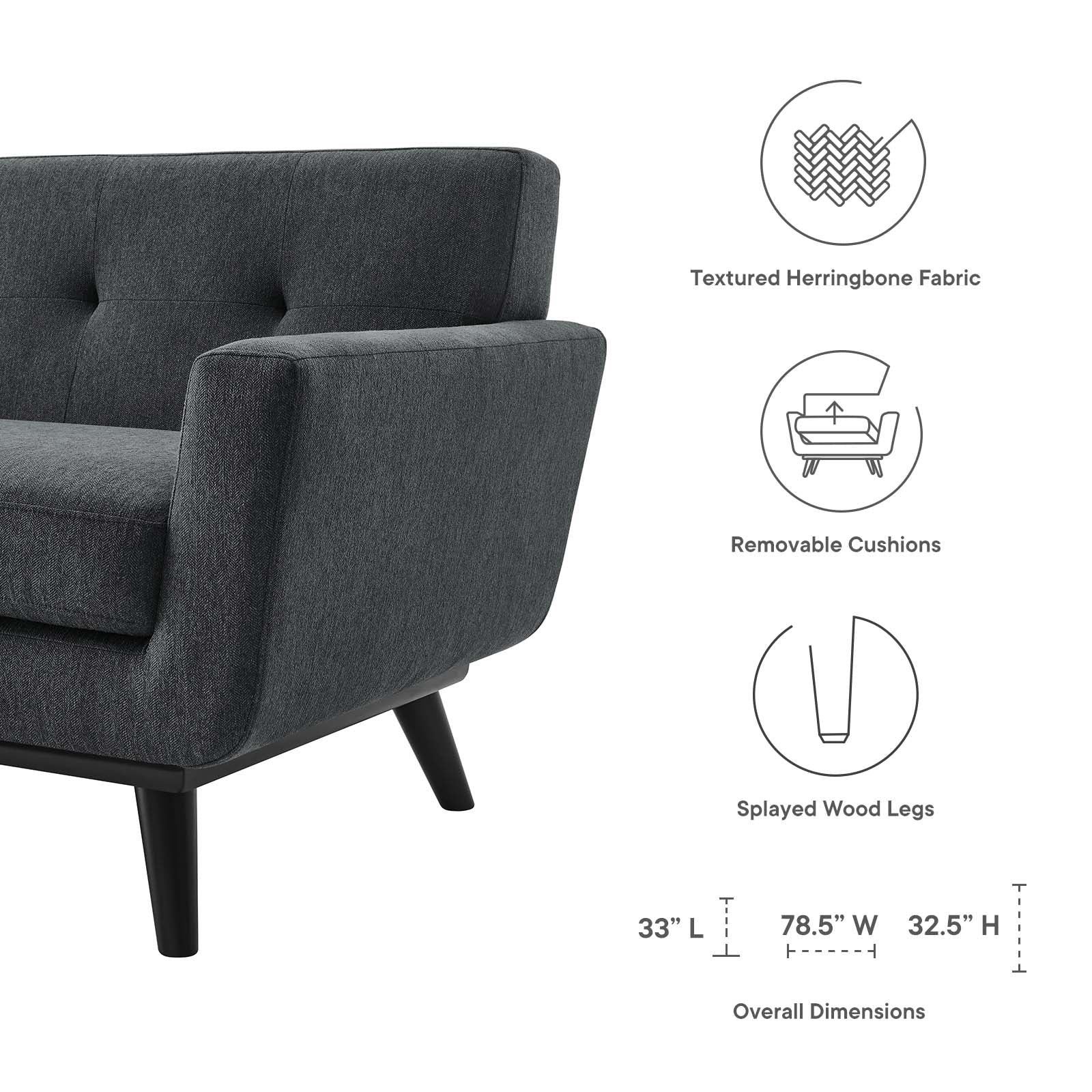 Charcoal Grey Fabric Loveseat Sofa H24516