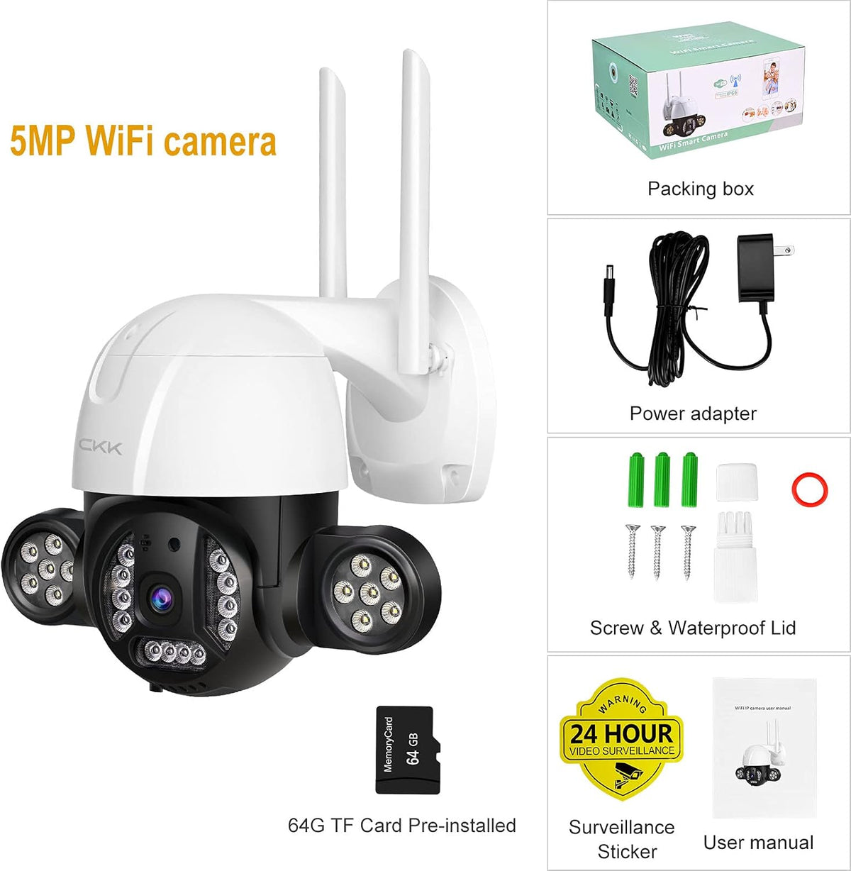 5MP Wireless PTZ Security Camera Outdoor with 64GB SD Card F196733