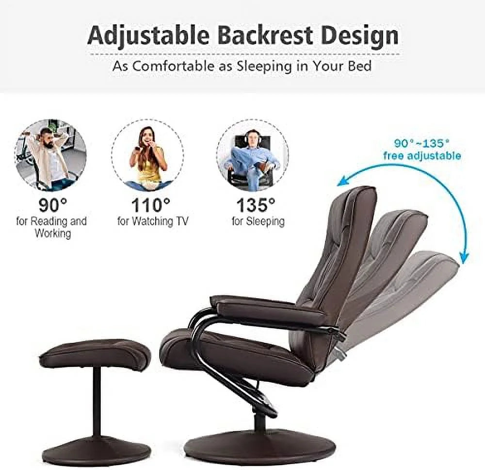 Brown PU Leather Swivel Recliner Chair with Footrest Ottoman Set U22472