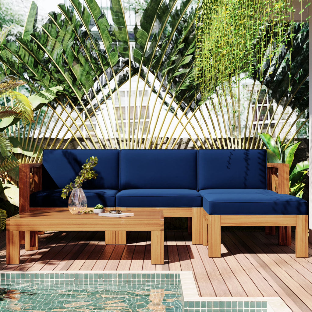 5 Piece Wood Patio Furniture Set with Blue Cushions and Coffee Table X55390