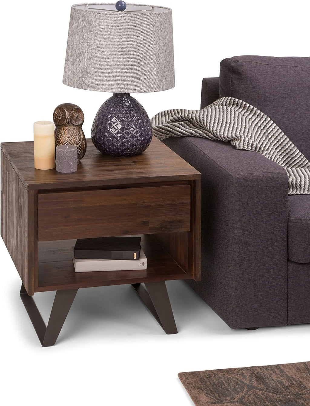 Solid Acacia Wood and Metal Square End Table with Storage, 1 Drawer and 1 Shelf R43216