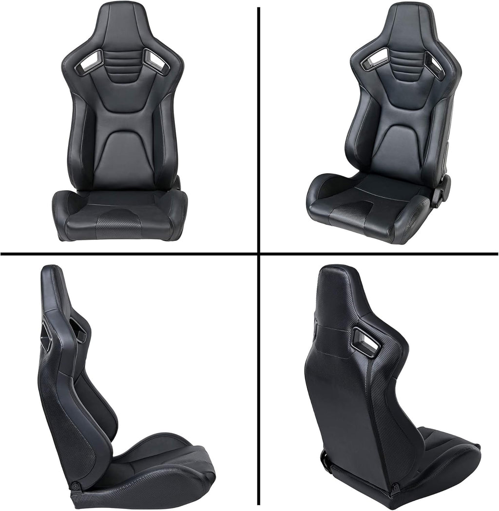 Pair of PVC Leather Racing Bucket Seats with Dual Sliders, Black O2544