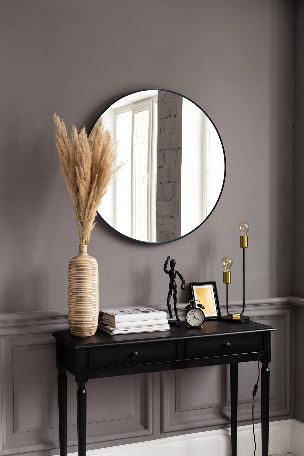 Black Finish Round Wall Mirror E339