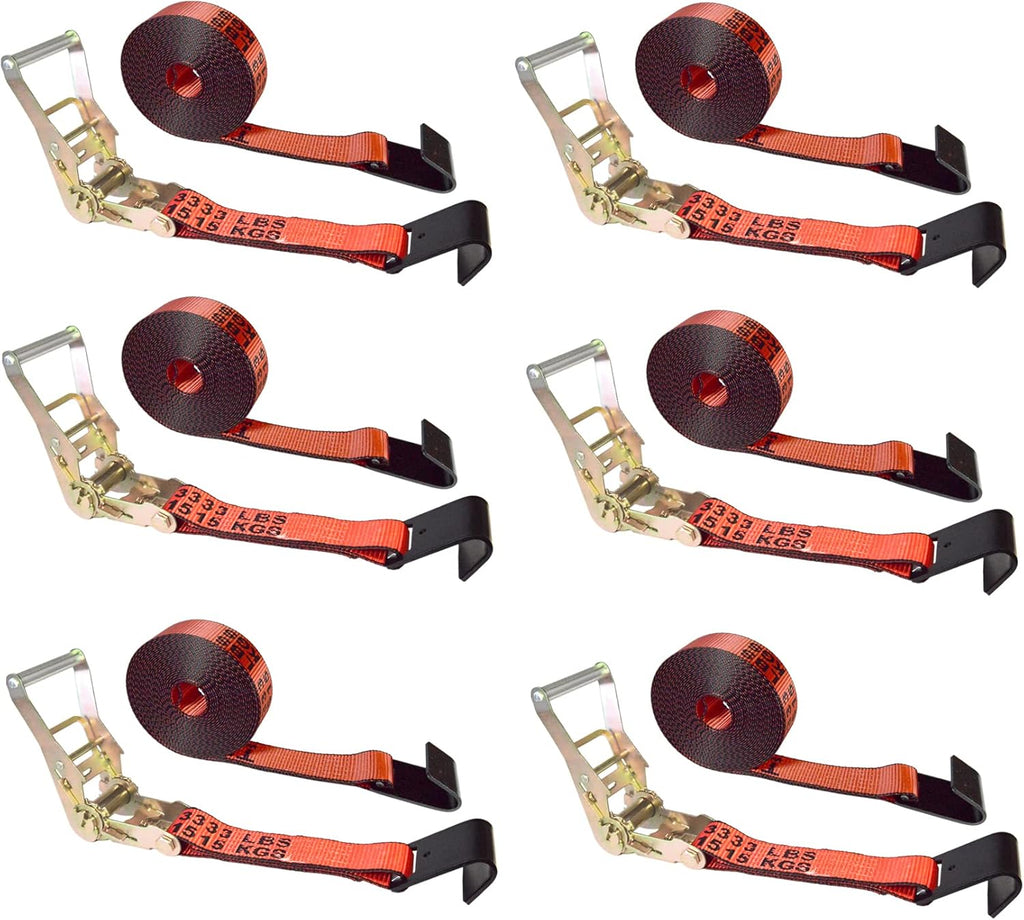 2” x 30’ Flat Hook Tie Down Ratchet Straps (Red, 6 Pack) P6229