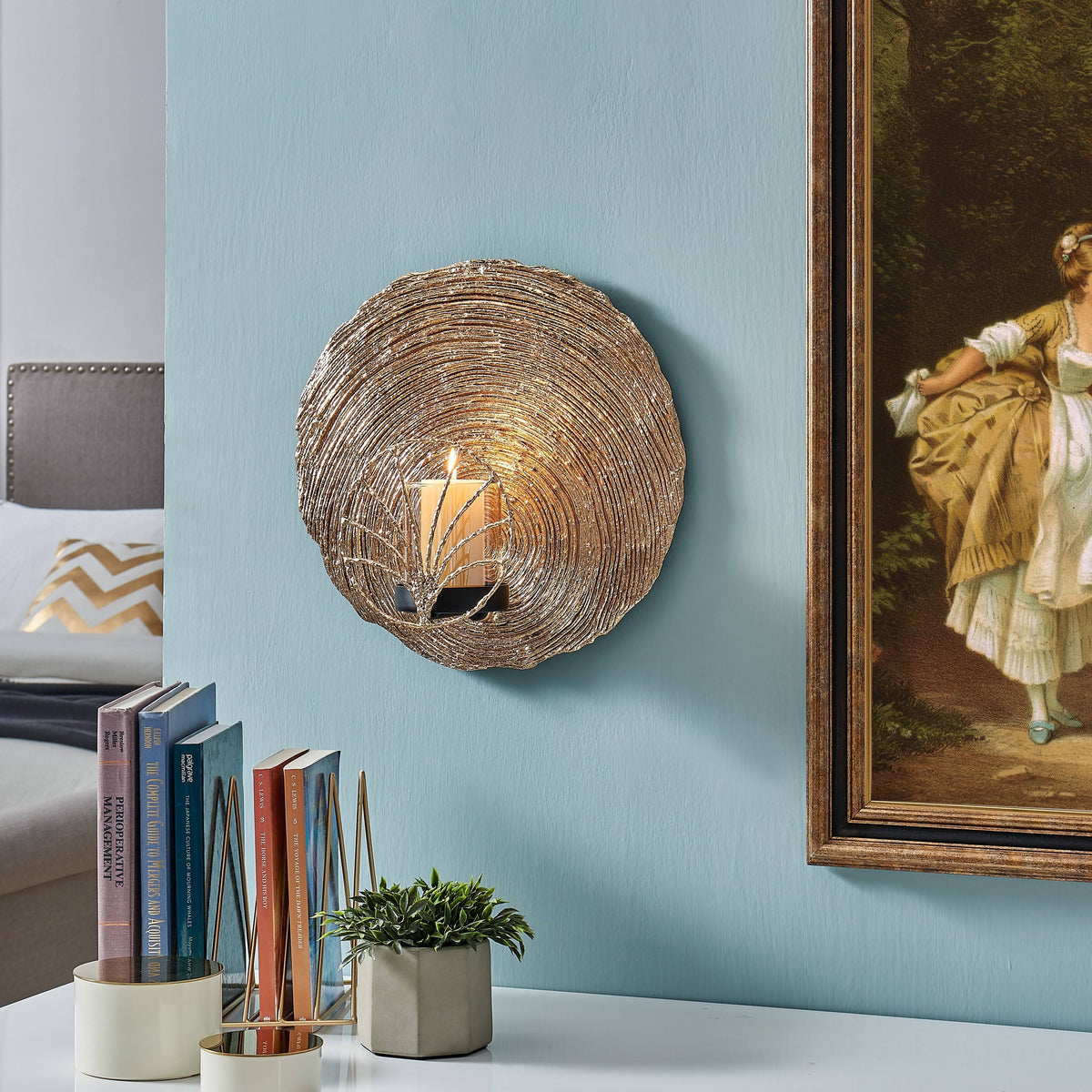 13x22 Round Gold Wall Candle Sconce with Glass Hurricane C268992
