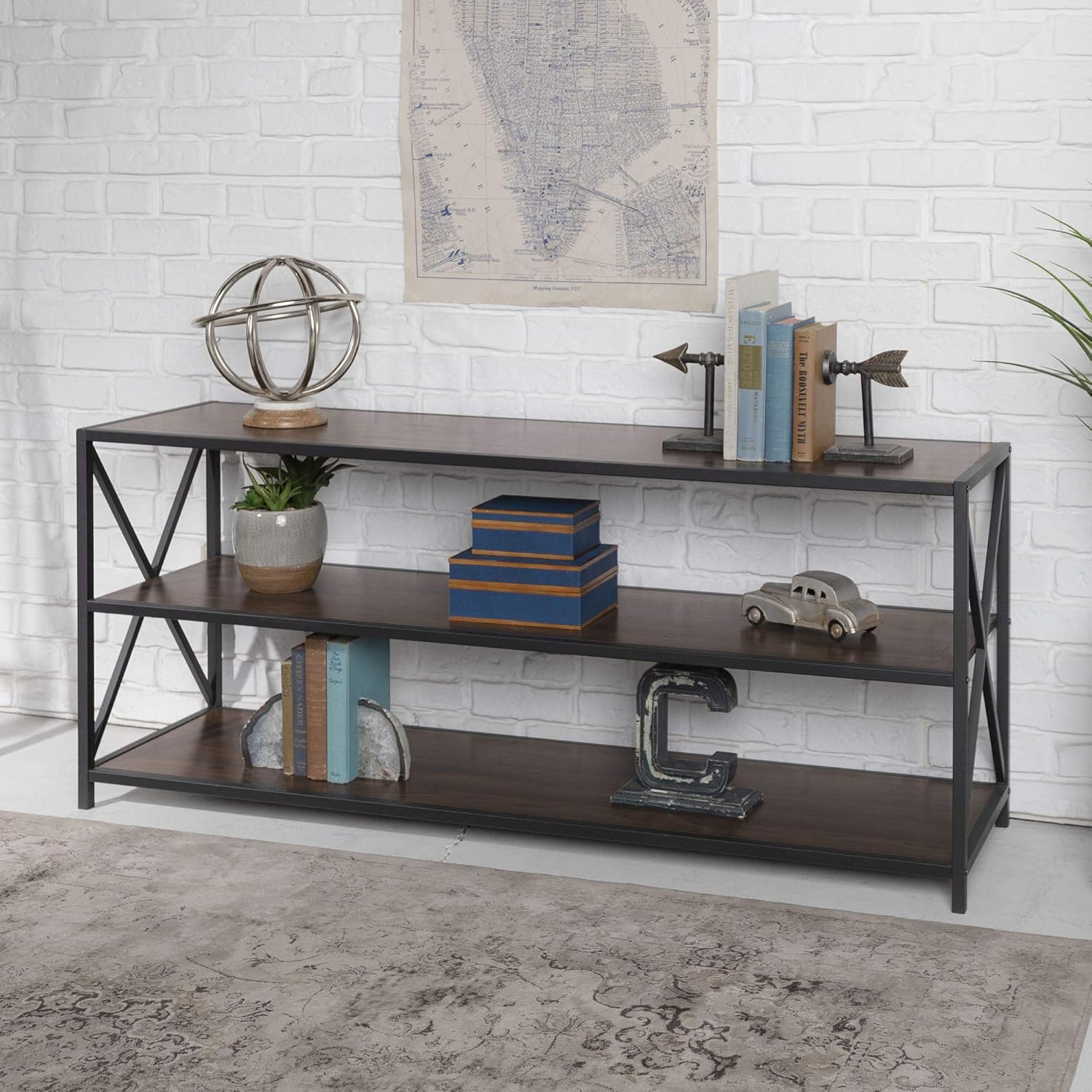 4 Tier Grey Metal Wood Bookcase L612027