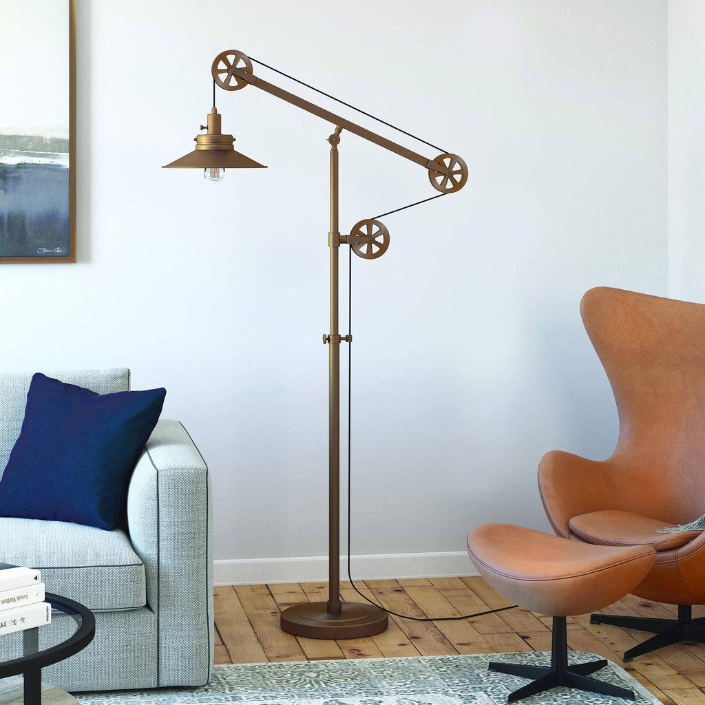 Brushed Brass Wide Brim Floor Lamp with Pulley System M2067