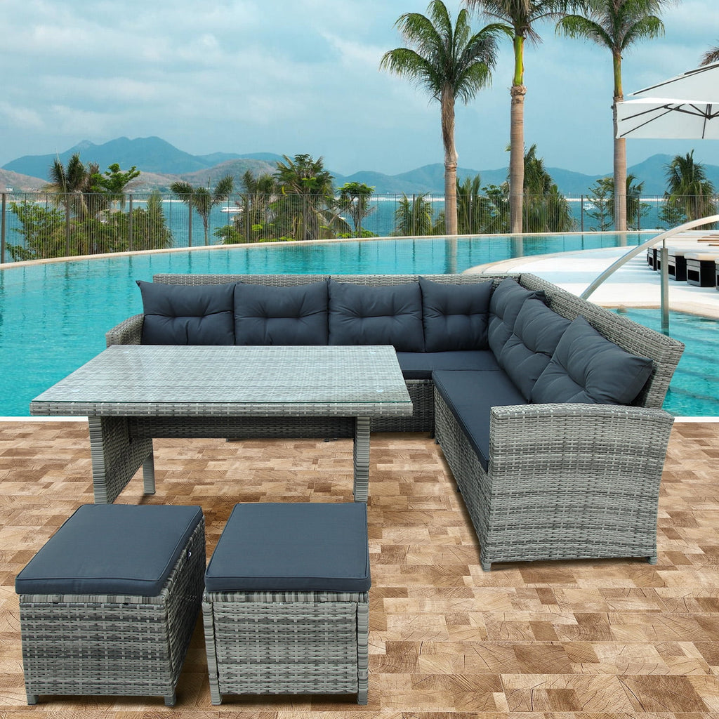 Gray 6 Piece PE Rattan Patio Sofa Set with Table Ottomans Cushions D340038
