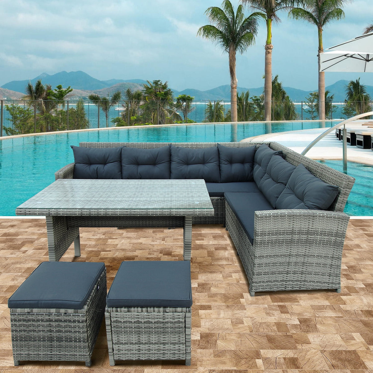Gray 6 Piece PE Rattan Patio Sofa Set with Table Ottomans Cushions D340038