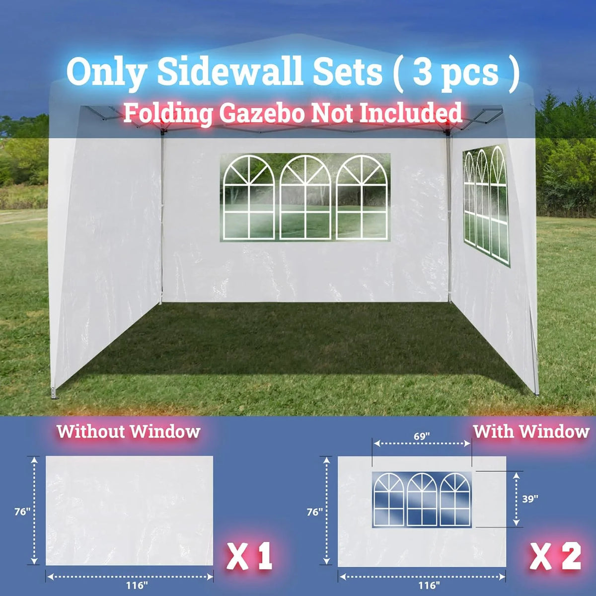 Tent Side Panel Replacement for Folding Canopy Gazebo Marquee (2 Pcs with Window, 1 Pc without Window, White) P324