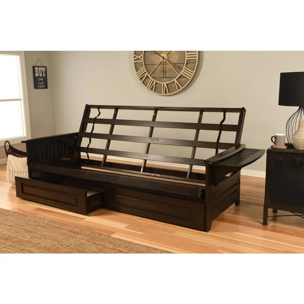Queen Espresso Wood Storage Futon with Linen Cocoa Mattress M1153