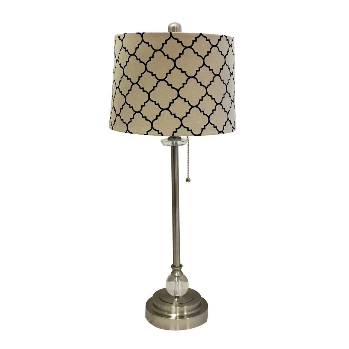 28x22 Brushed Nickel Lamp with Eggshell and Black Moroccan Print Shallow Drum Hardback Lamp Shade N404888
