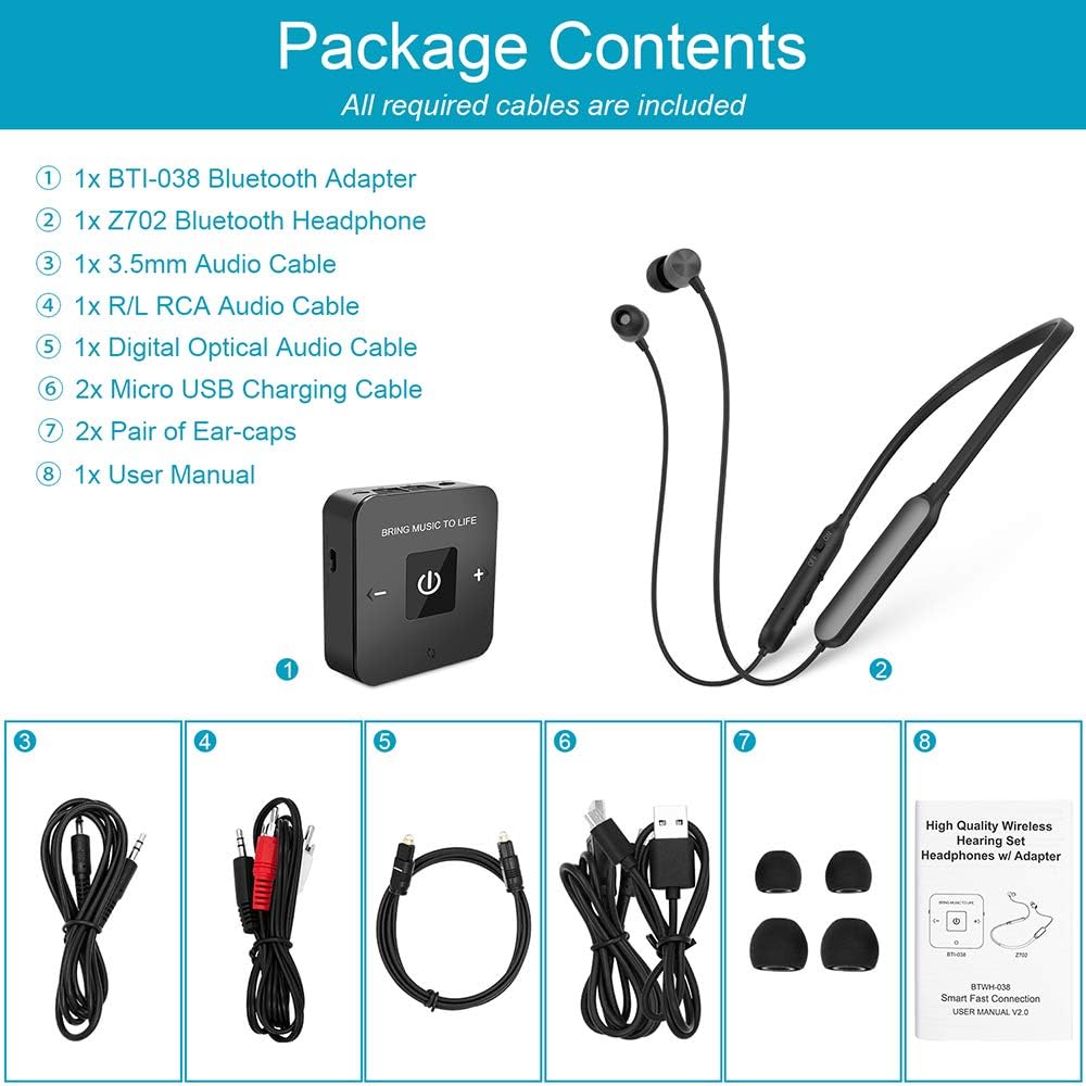 Wireless Headphones with Bluetooth Transmitter Adapter, Bluetooth 5.0 Rechargeable Earbuds Headset A39208