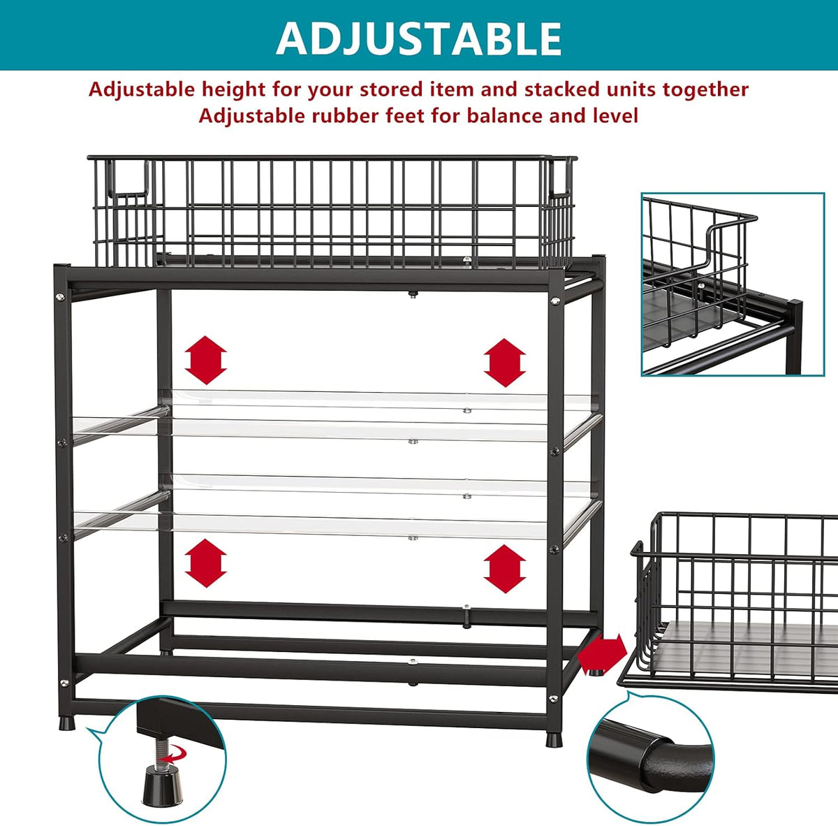 Black Stackable 2-Tier Kitchen Cabinet Organizer with Sliding Storage Basket Drawers F878456