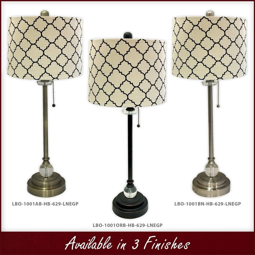 28x22 Brushed Nickel Lamp with Eggshell and Black Moroccan Print Shallow Drum Hardback Lamp Shade N404888
