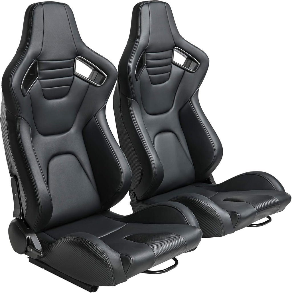 Pair of PVC Leather Racing Bucket Seats with Dual Sliders, Black O2544