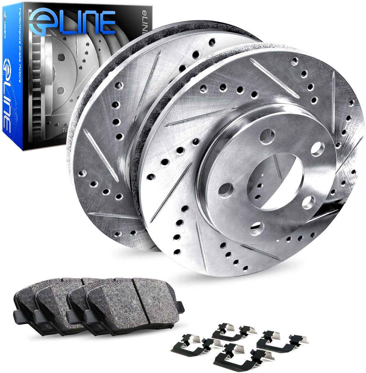 Rear Drilled and Slotted Brake Rotors with Ceramic Brake Pads and Hardware Kit T58702