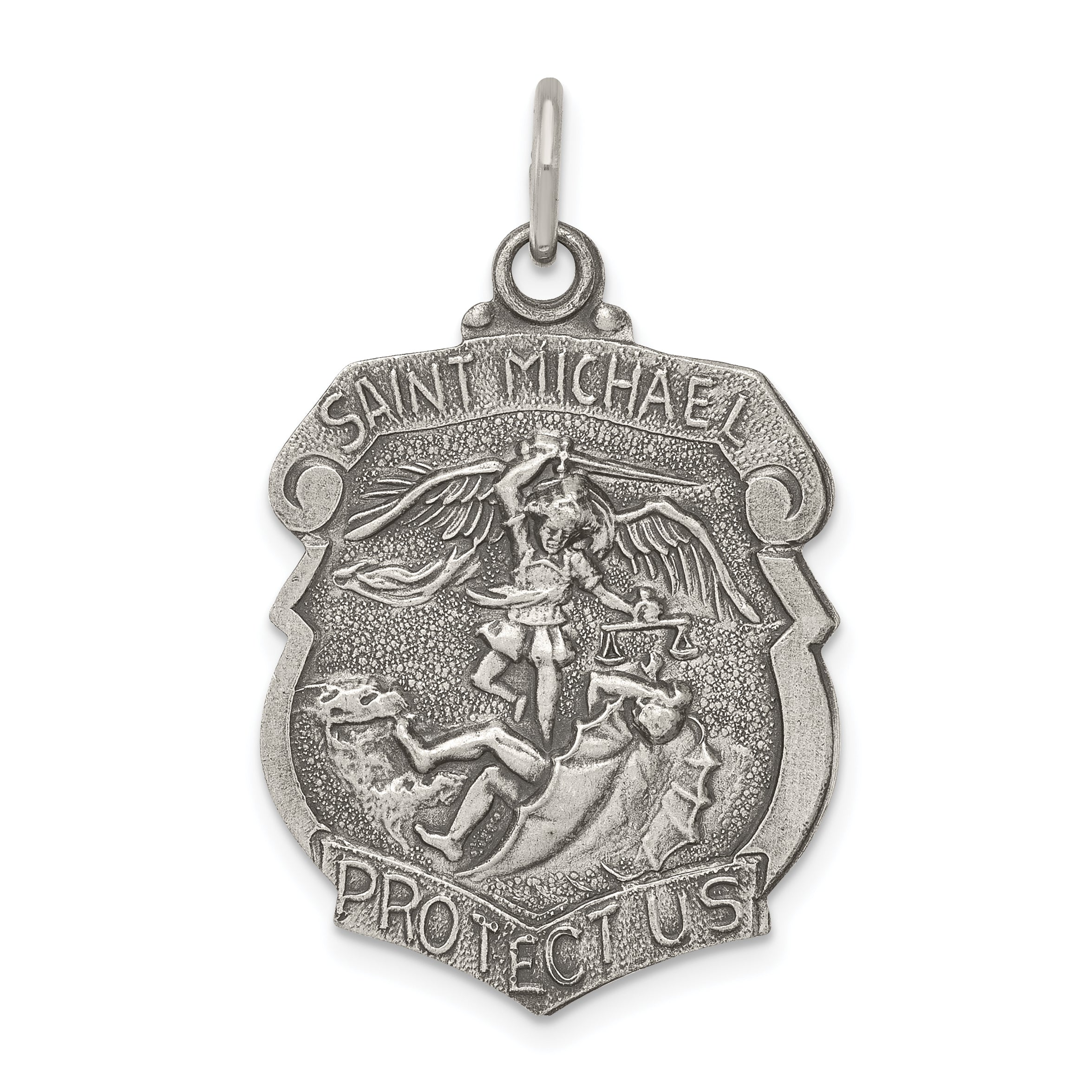 Antiqued St. Michael Badge Medal Pendant with Sterling Silver Rope Chain Necklace 18'' Z23872