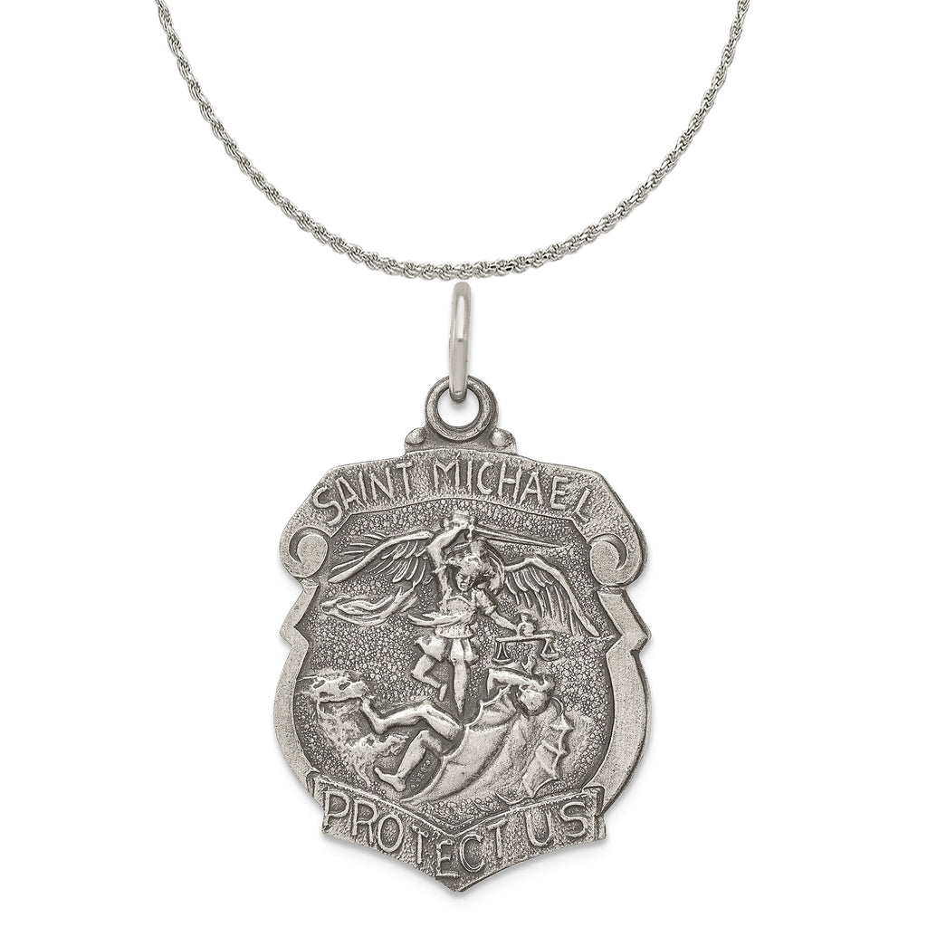 Antiqued St. Michael Badge Medal Pendant with Sterling Silver Rope Chain Necklace 18'' Z23872
