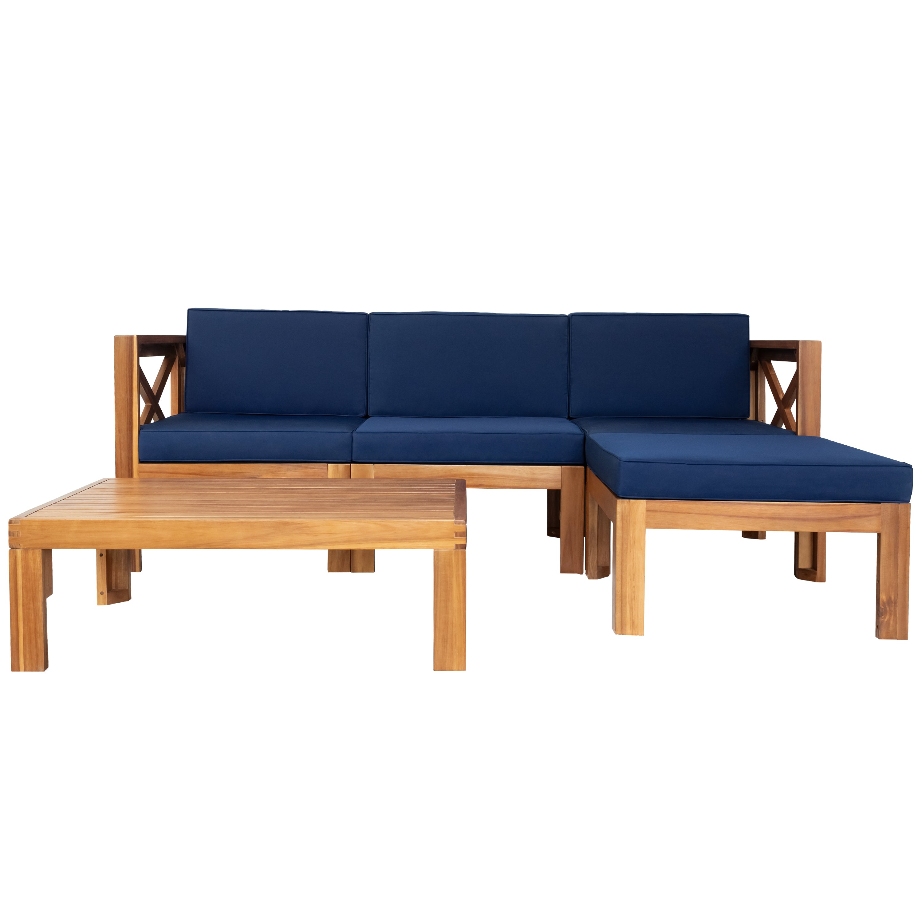 5 Piece Wood Patio Furniture Set with Blue Cushions and Coffee Table X55390