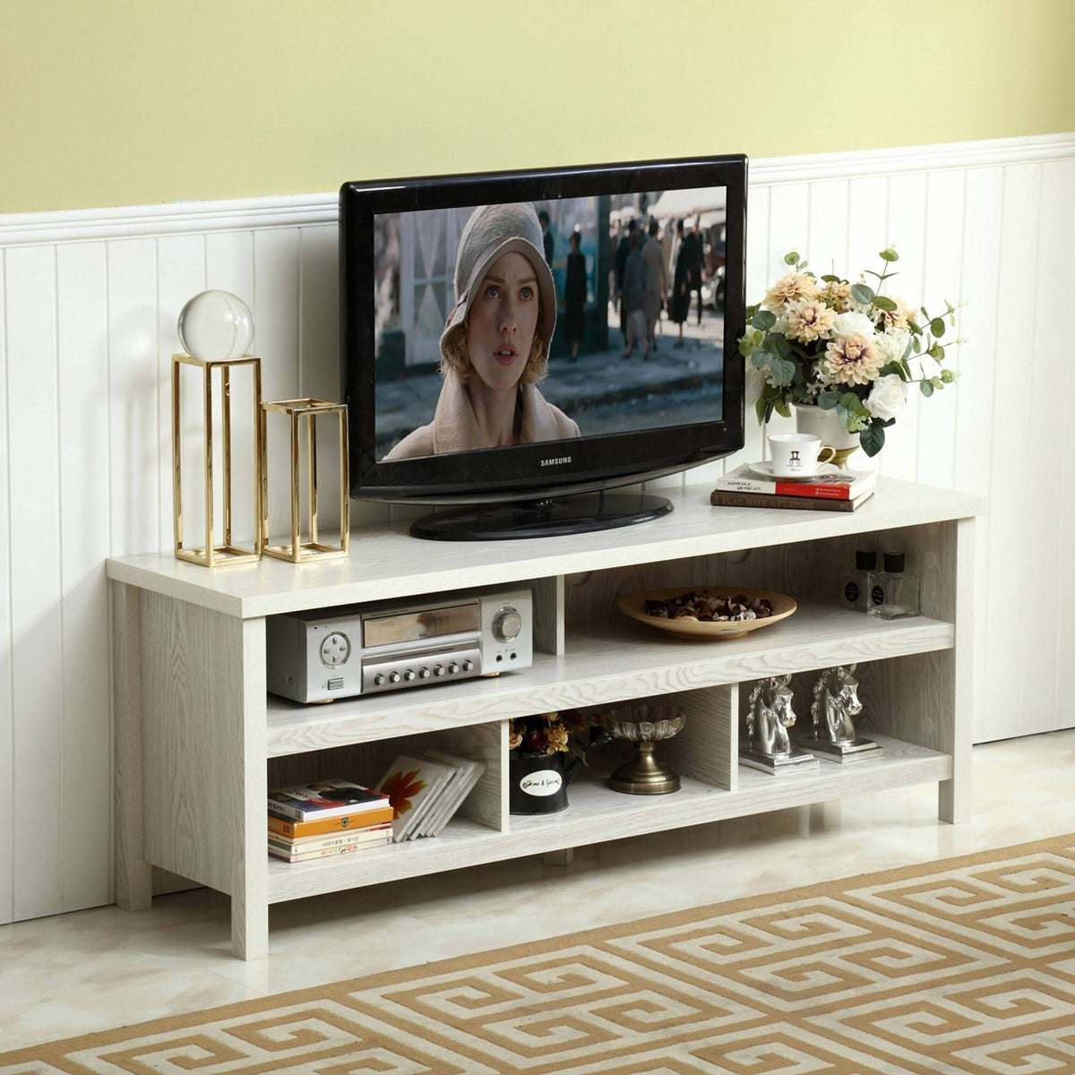 White 58-Inch Wood TV Console with Storage Cabinets N636940