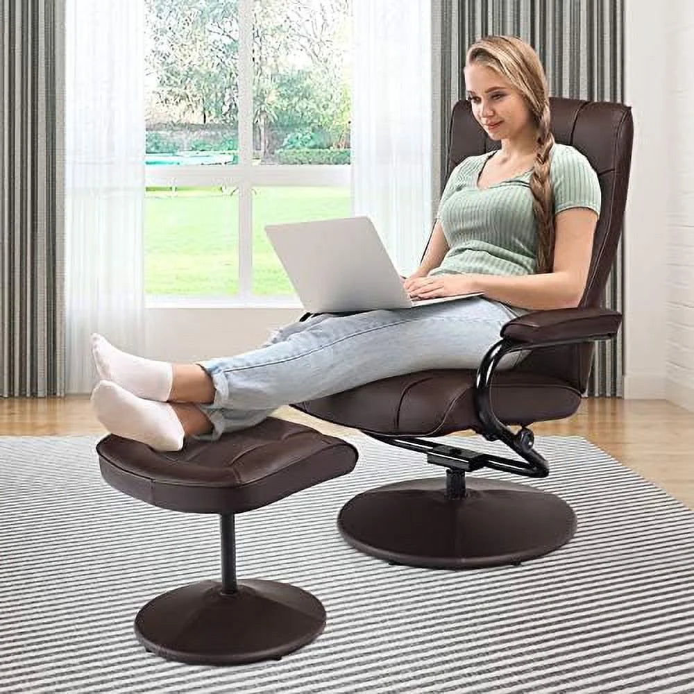 Brown PU Leather Swivel Recliner Chair with Footrest Ottoman Set U22472