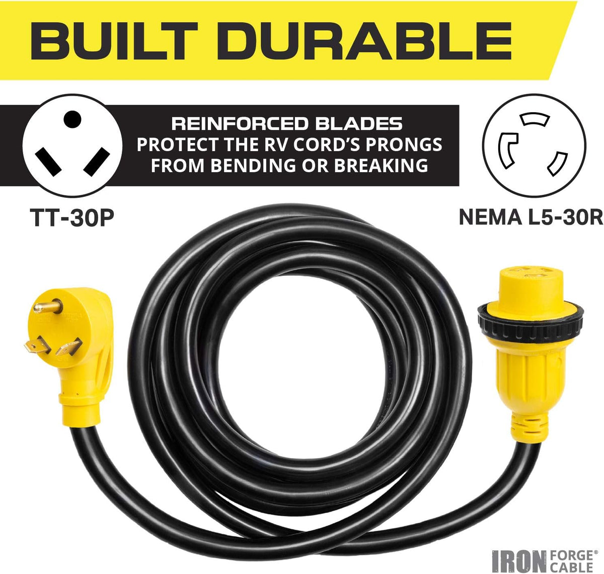 30 Amp RV Extension Cord 15 Ft 10/3 STW TT-30P to NEMA L5-30R 125v Power Cord Pack of 2 I852