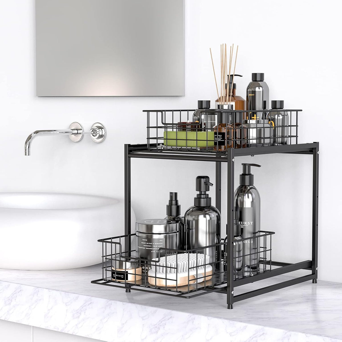 Black Stackable 2-Tier Kitchen Cabinet Organizer with Sliding Storage Basket Drawers F878456