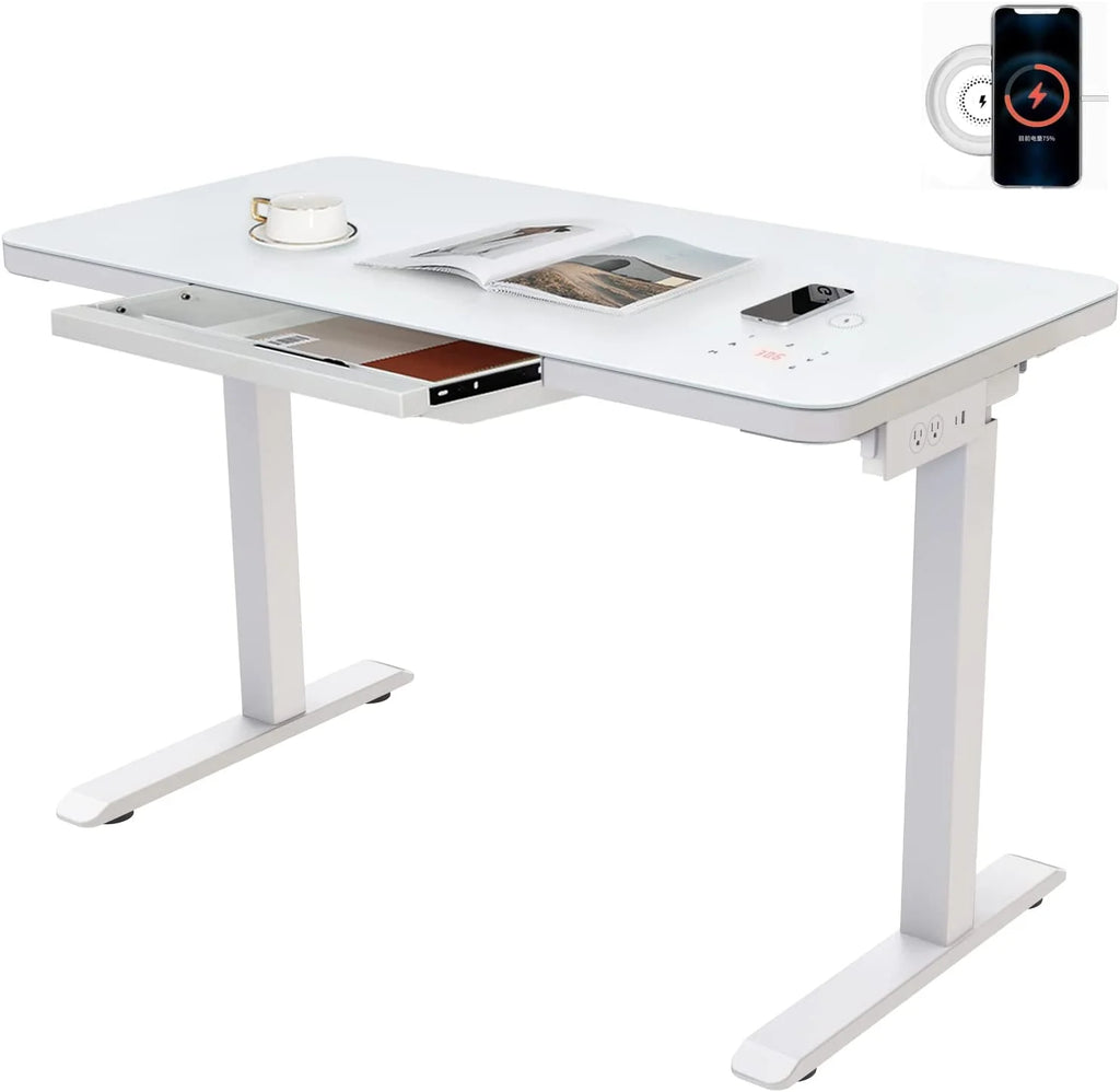 White Glass Standing Desk with Drawer I6269