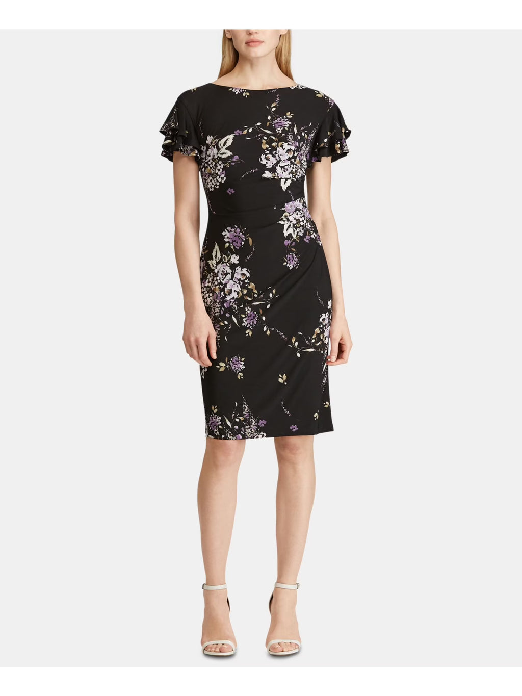 Black Floral Short Sleeve Sheath Dress T8443