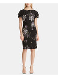 Black Floral Short Sleeve Sheath Dress T8443