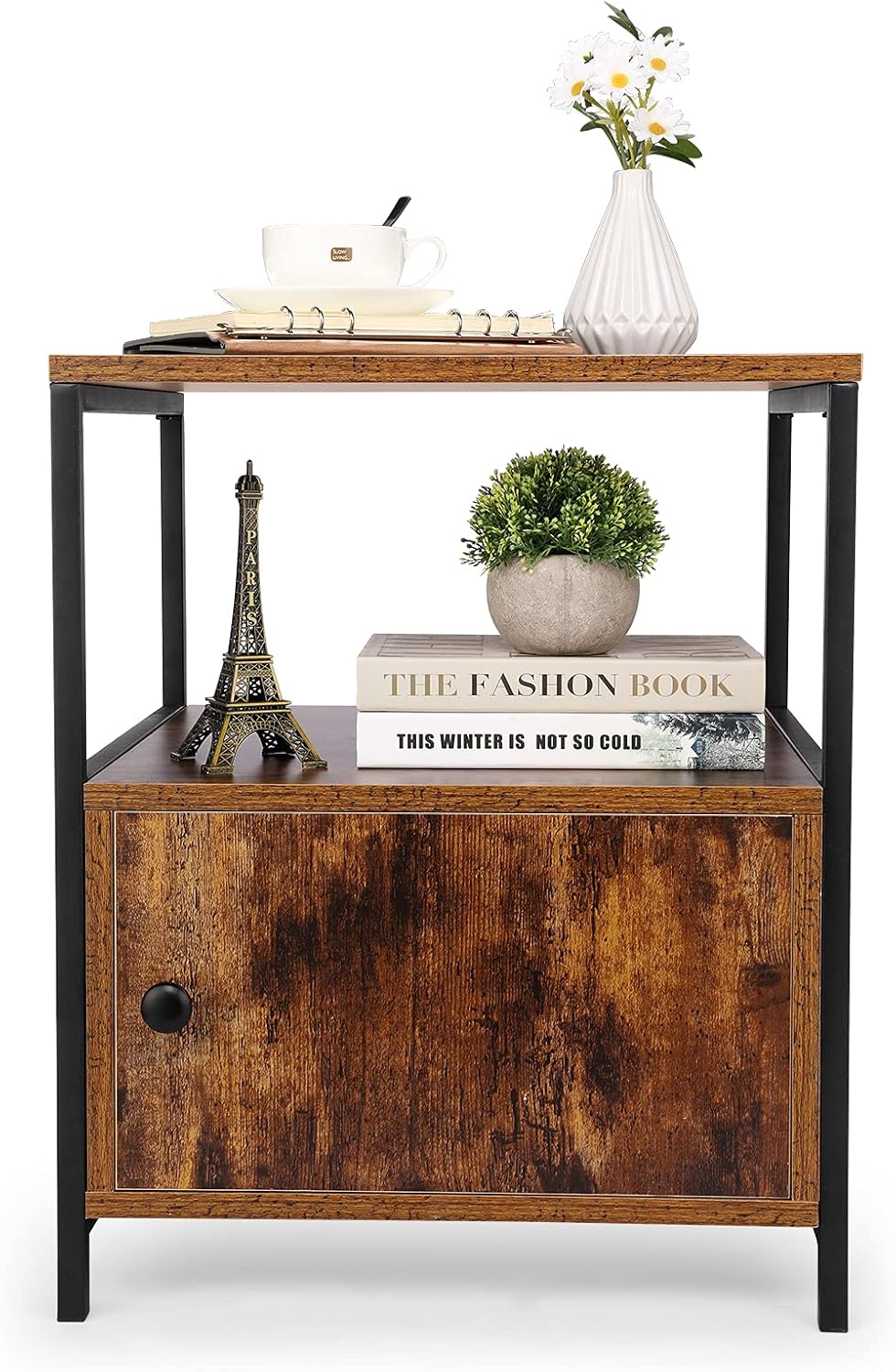 Black 3-Tier Wooden Nightstand with Storage Cabinet and Open Shelf W468602