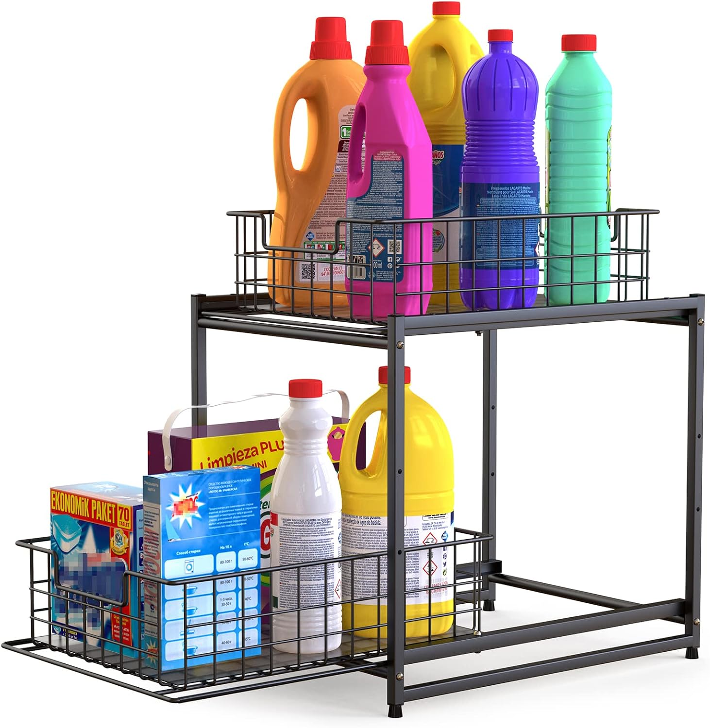 Black Stackable 2-Tier Kitchen Cabinet Organizer with Sliding Storage Basket Drawers F878456