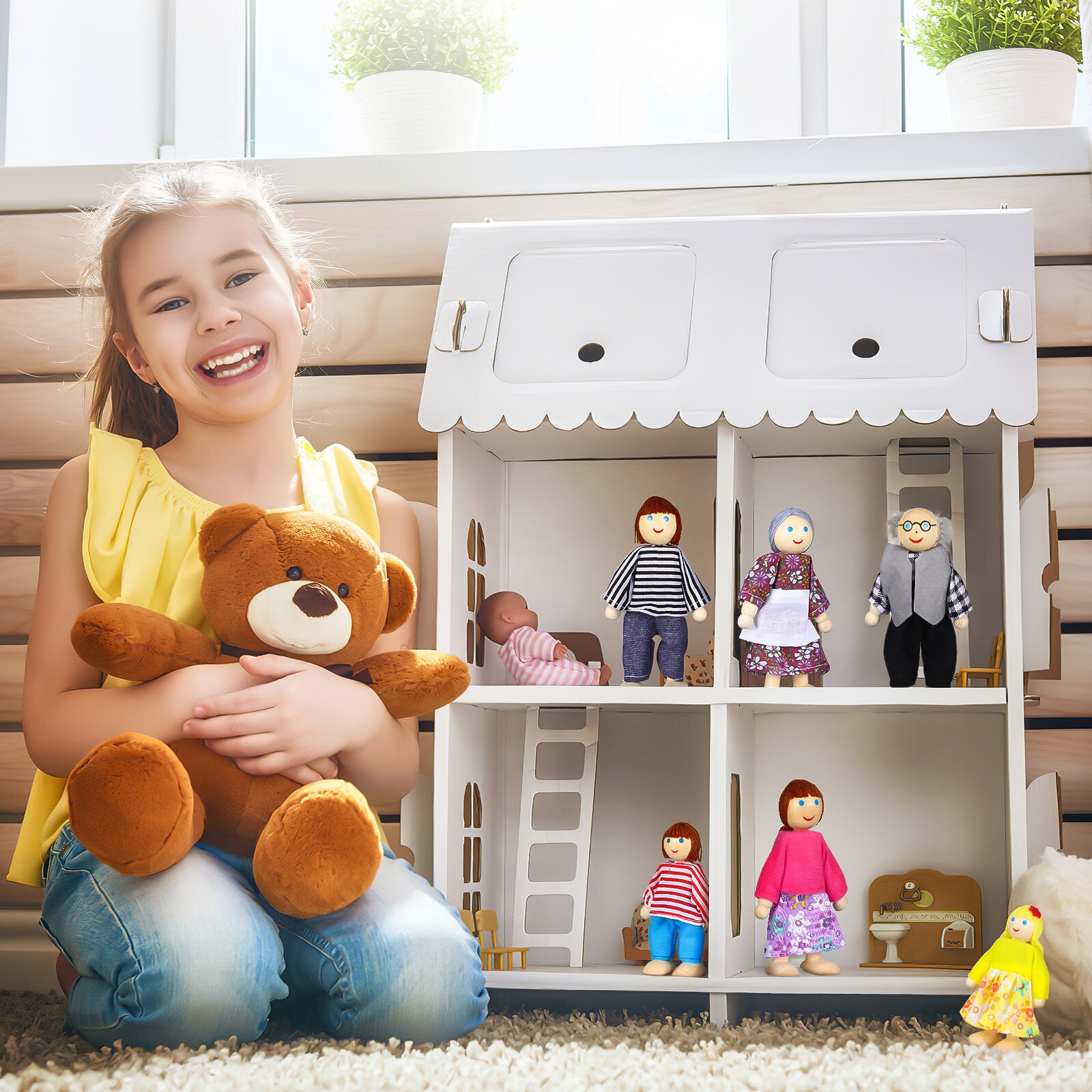 6 Pcs Wooden Doll House Figures Family Member Dolls U699