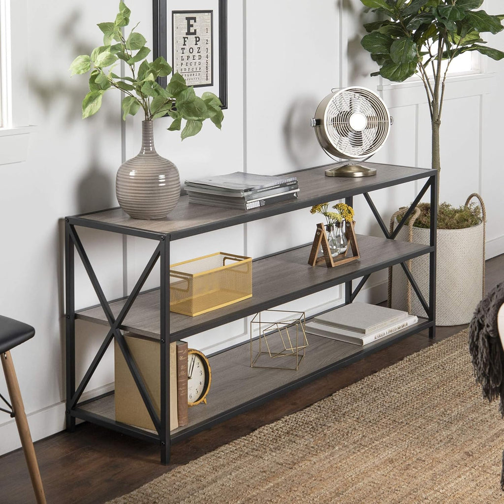 4 Tier Grey Metal Wood Bookcase L612027