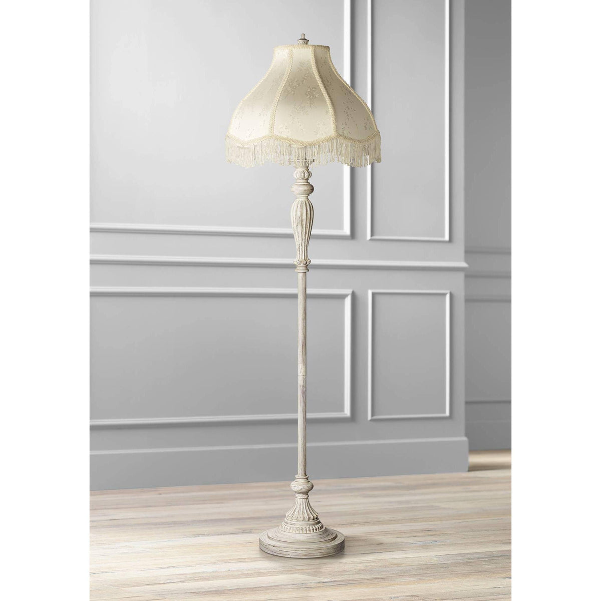 Antique White Cream Scallop Fabric Dome Shade Floor Lamp U818325