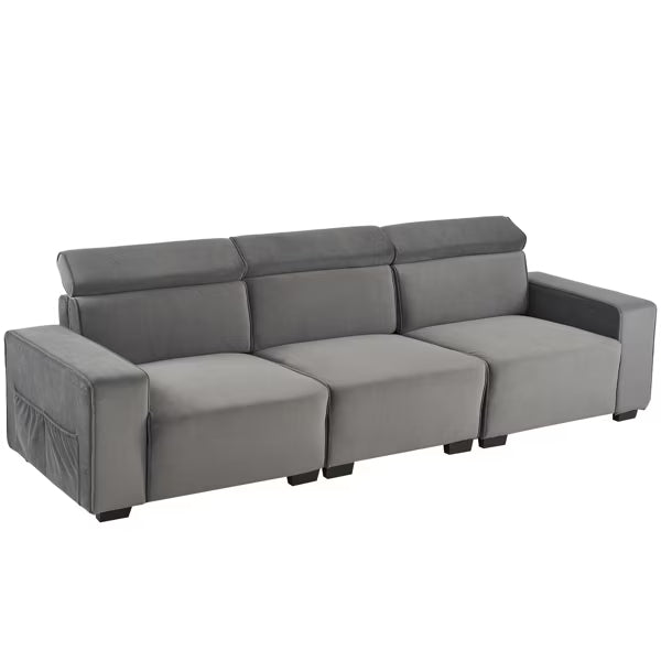 Dark gray flannel three-person sofa with side pockets N519049