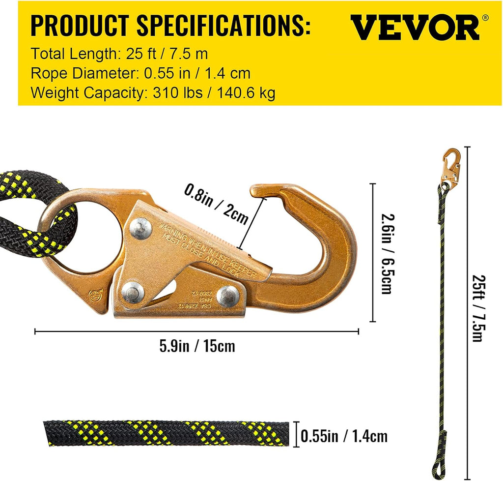 25 ft Fall Protection Rope with Alloy Steel Rope Grab O2462