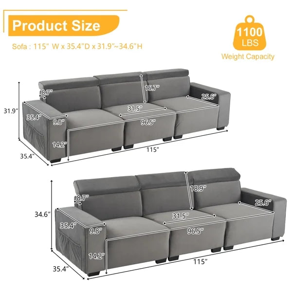 Dark gray flannel three-person sofa with side pockets N519049