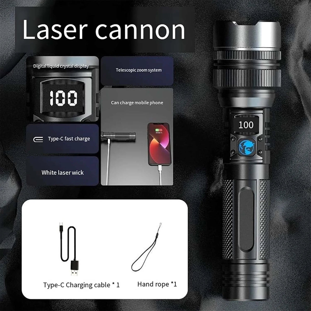 150000 Lumens USB Rechargeable Waterproof Handheld Flashlight G76689