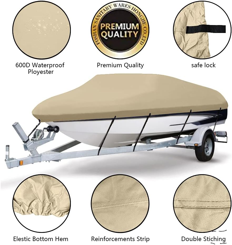 Boat Cover 600D Polyester Waterproof UV Resistant, Fits 17-19 feet V-Hull, Beige Pack of 2 V4921