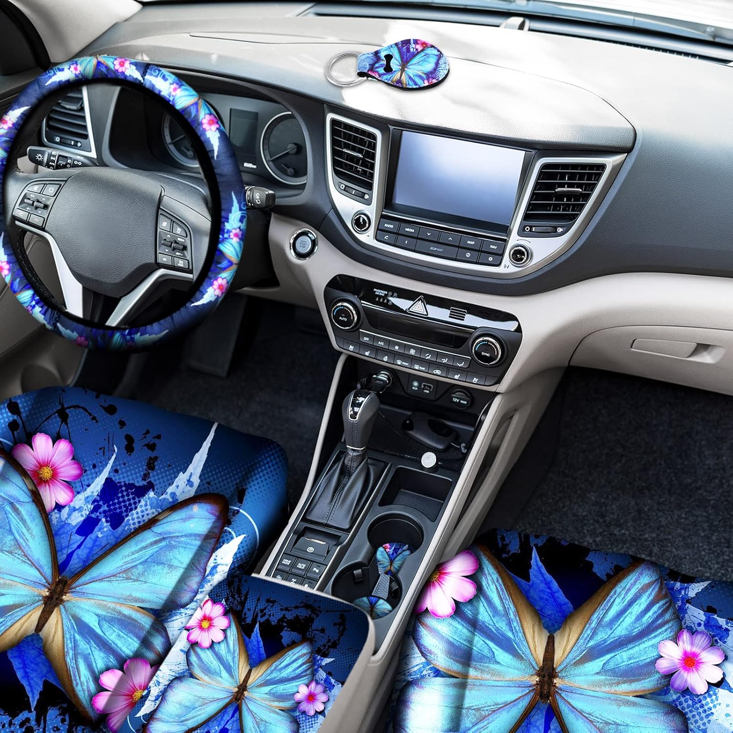 15 Pieces Butterfly Car Seat Covers Full Set with Steering Wheel Cover L62516