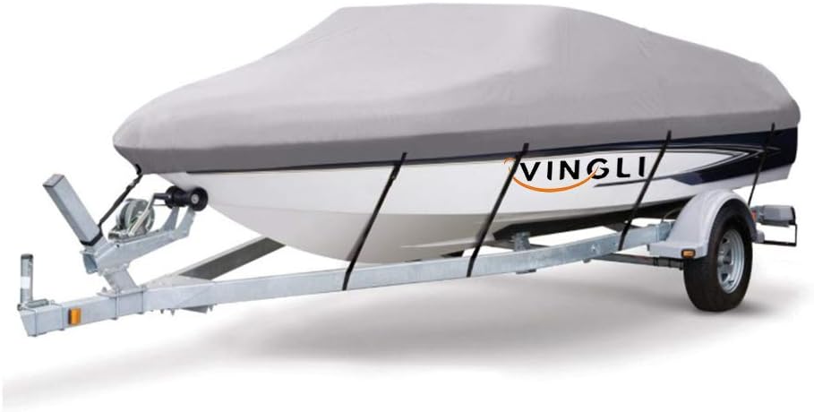 Boat Cover 600D Polyester Waterproof UV Resistant, Fits 17-19 feet V-Hull, Beige Pack of 2 V4921