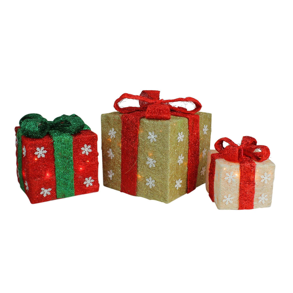 Set of 3 Lighted Gold Green and Cream Gift Boxes Christmas Yard Art Decorations E73258